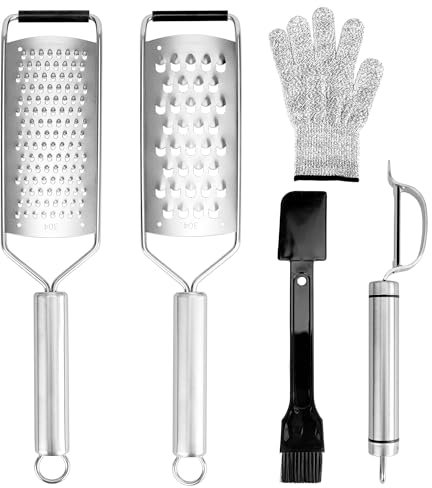 Homestia Lemon Zester Grater 5-Piece Suit - Heavy Duty Kitchen Tool for Parmesan Cheese, Ginger, Garlic, Nutmeg, Chocolate, Vegetables, Fruits, Stainless Steel Grater Dishwasher Safe Silver