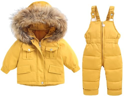 Fouyada Vinteroverall för barn, pojkar, flickor, 2 stycken, skiddräkter, set, dunjacka med huva, snöbyxor, vinter, skidjacka, kläder, klädset, baby, småbarn, GUL, 2-3 år