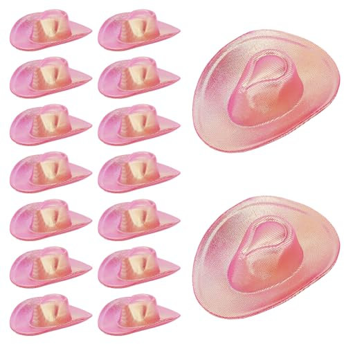 GOMAKERER 16 Stück Mini Cowboy Hüte, Hot Pink Stoff Winziger Cowgirlhut Miniatur Puppenhut Cowboyhüte West Hut Kleinerhut Für Party Puppenhaus Flasche Getränk Kuchen Topper Dekoration