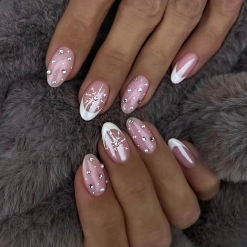 LunarCharm Lot de 24 faux ongles French Press On Nails avec strass - Amande française - À coller avec motif flocon de neige - Amande - Couverture complète