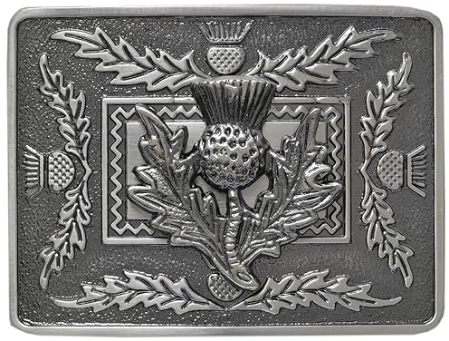 Celtic Thistle Kilt Belt Buckle – Traditional Scottish Thistle Design, Highland Men’s Accessory, Crafted Pewter for Classic Kilt Attire (Thistle Crest - Silver Antique)