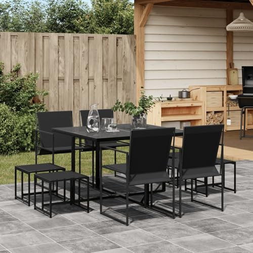 Homgoday Set da pranzo per giardino 9 pezzi textilene nero, sedia seduta poltrona tavolo cucina esterno terrazza patio balcone mobili