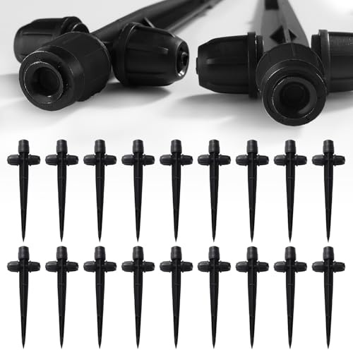 VooGenzek 18 Piezas Ajustables de 360 Grados en Estaca Rociador, Goteros de Flujo con Tuerca para Tubos de 1/4 Pulgadas, Emisores de Riego por Goteo, para Sistema de Riego, Negro