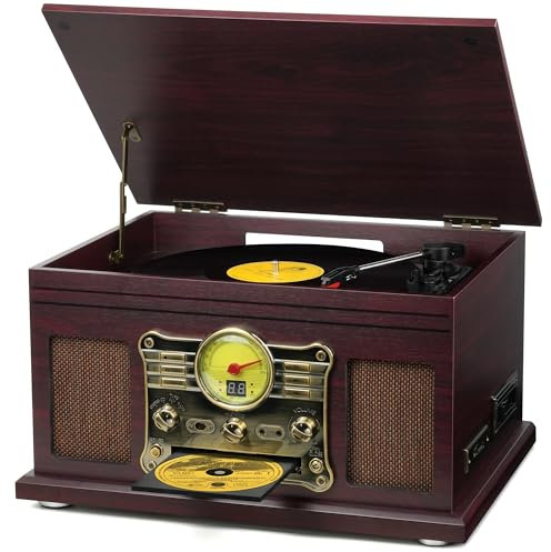 FEKTIK Bluetooth Record Player 10 in 1,FEKTIK 3-Speed Turntable for Vinyl with Speakers, LP to MP3 Converter, CD, Cassette Player, FM Radio, Wireless Streaming | Coffee