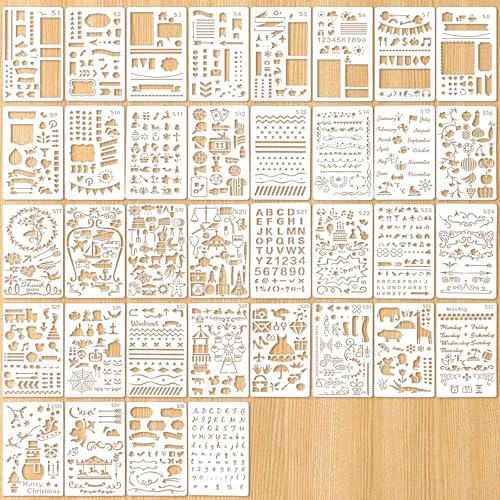 Tucnoeu 36PCS Schablonen Set, Stencil Zeichenschablonen, Fotoalbum Zubehör, Wiederverwendbare Kunststoff Vorlagen für DIY Tagebuch, Scrapbook, Geschenkkarten