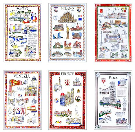 Set 6 Strofinacci Canovacci Souvenir Italiani, Tessuto Tela Cotone, da regalare, Utile in Cucina, asciuga, Made in Italy, città italiane Pisa Firenze Milano Napoli Roma, Eco-friendly, tessuti per casa
