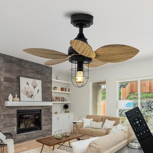 77CM Deckenventilator Mit Beleuchtung Vintage Industrial, Lampe Mit Ventilator Leise 6 Geschwindigkeiten Leise DC Motor, Deckenleuchte Mit Ventilator, Timer Käfigdesign Für Wohn, Schlaf- Und Küche