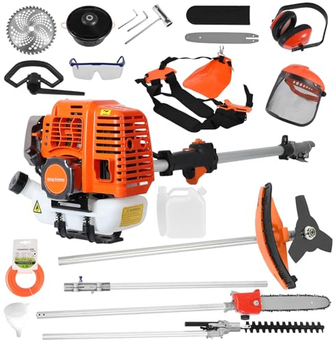 gihusrzx 2024 New Gas Weed Wacker - 52cc 2-Stroke 5 in 1 Multi-Functional Lawn Mower Hedge Trimmer Pruners Gas Powered Brush Cutter, Handheld Weed Eater for Garden and Yard Lawn Orange