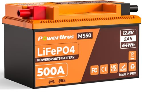 Lithium Motorrad Batterie,PowerUrus 12V Lithium LiFePO4 Batterie mit BMS und Anzeige 12.8V 5Ah 500 CCA YTX4L-BS LiFePO4 Motorrad Starterbatterien für Motorräder ATV UTV