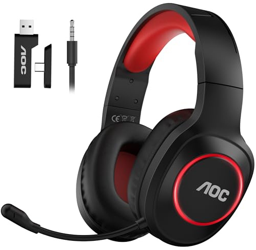 AOC Wireless Gaming Headset for PC, PS5, Bluetooth 5.4 & 2.4GHz Low Latency Gaming Headset with Mic, Noise Canceling, 7.1 Virtual Surround, 45H Long Battery Life, USB-C Fast Charging- Black Red
