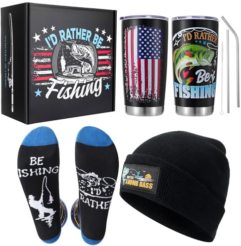 Meng Jiaran Gifts Set for Fisherman Fishing Gifts for Men Unique Funny Mens Socks Bucket hat Mug Gift Box Novelty Birthday Presents for Men Fathers Day for Dad Grandad Husband Ideas