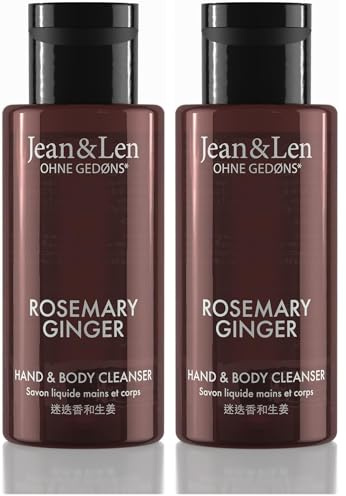 Jean & Len Mini Hand & Body Cleanser Rosemary & Ginger, per una profumata esperienza di pulizia, sapone per il corpo e le mani, ideale per i viaggi, fragranza fresca e rinvigorente, vegan, 50 ml
