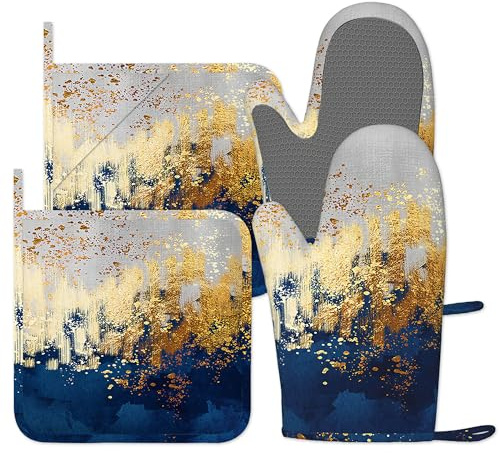 Oven Gloves Heat Resistant, Oven Mitts and Pot Holder Gradient Blue Gold Kitchen Non-Slip Silicone Cooking Microwave Gloves for Cooking Baking Grilling