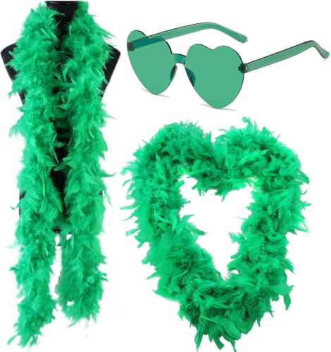 WFKKMEQ Boa di Piume, 2M Sciarpa di Piume da Donna Decorazione di Boa di Piumes Accessori Costume Set con Occhiali da Sole Accessori per Feste Cosplay Dress up per Carnevale Cosplay Compleanno(Verde)