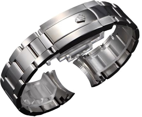 ROUREOX Edelstahl Armband Rundanstoß, 20mm 21mm Gebogenes Metallband, Massiv Ersatzband Faltschließe für Rolex Submariner-Silbrig 21mm