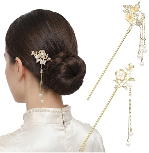 RAHHLIZS 2 PCS Chinese Hair Sticks for Women,Alloy Flower Retro Gold Tassel Chinese Hair Pins Butterfly Love Flower Hairpins for Women Blossom Fortune Asian Hanfu Japanese Hair Accessories