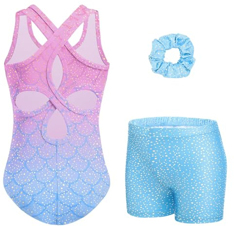 Arshiner Gymnastikdräkt för flickor, 3-delat träningsset med shorts och hårgummi, ärmlös med utskärning på ryggen och glitter, balett- och dansdräkt för 3–11 år, Rosa-blå, 120