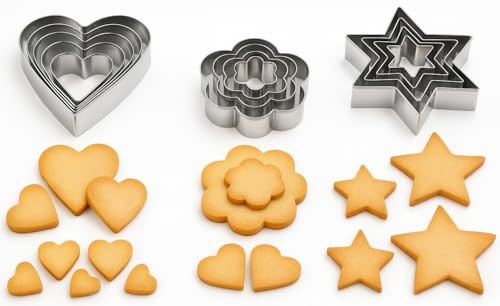 Graziano, Set 18 Tagliapasta Assortiti Acciaio Inox - 6 Cuori, 6 Fiori, 6 Stelle, Da 3 a 9cm