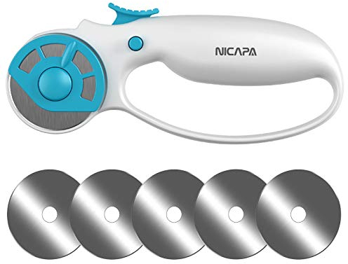 NICAPA Cortador giratorio de 45 mm para manualidades de tejidos, acolchados, costura, patchworking, ganchillo y tejer, bloqueo de seguridad, cortador clásico ergonómico
