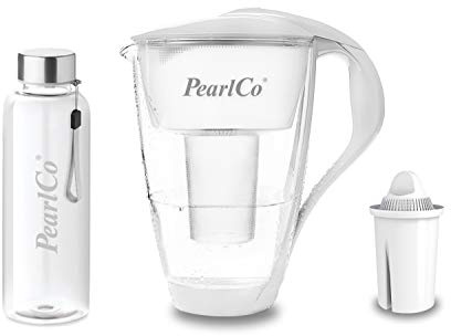 perlopur® Glas-Wasserfilter (weiß) +1 Kart. Universal +Glas-Trinkfl. | Borosilikatglas, 2 l gesamt, 1 l gefiltert, LED-Anzeige, für classic Kartuschen, reduziert Kalk, Chlor & andere Schadstoffe