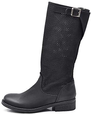 IF Fashion Stivali Stivaletti da Donna Biker Motociclista Traforati Primaverili Estivi con Fibbia LY70-4 Nero N.37