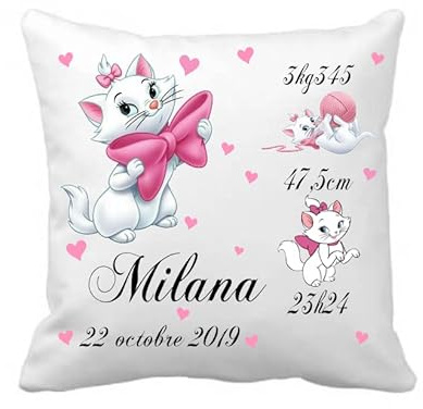 Coussin personnalisé Marie aristochat, Cadeau de Naissance - idée Cadeau de naissannce bébé Fille - Cadeau d'anniversaire - baptême - Cadeau personnalisé
