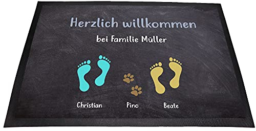 Fußmatte personalisiert Familie & Haustiere – individuelle Eingangsmatte 60x40 cm mit Namen, Pfoten & Motiven – personalisierte Familien-Fußmatte für Haustür, Hundebesitzer & Geschenkidee