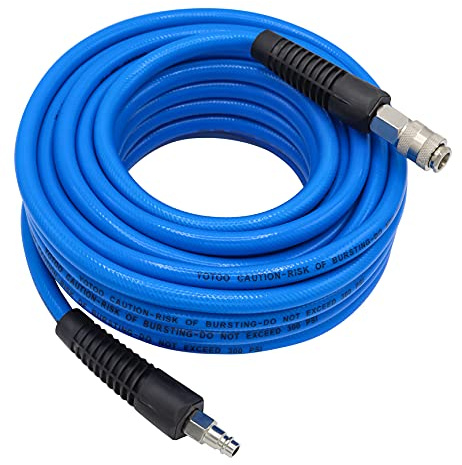 YOTOO PVC Air Compressor Hose 15m Long 10mm ID X 14mm OD with Bend Restrictors, 1/4 Europe Quick Coupler and Plug, Blue