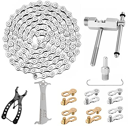 Bluesaly Bicycle Chain 6/7/8 Speed 116 Links, Repair Kit Includes Chainbreaker, Plier, Chain Hook, Overhaul Ruler, 6 Pairs of Missing Bicycle Links