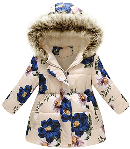 amropi Manteau Enfant Fille À Fleurs Veste à Capuche Fourrure Chaud Hiver Vêtement Beige Fleur, 4-5 Ans