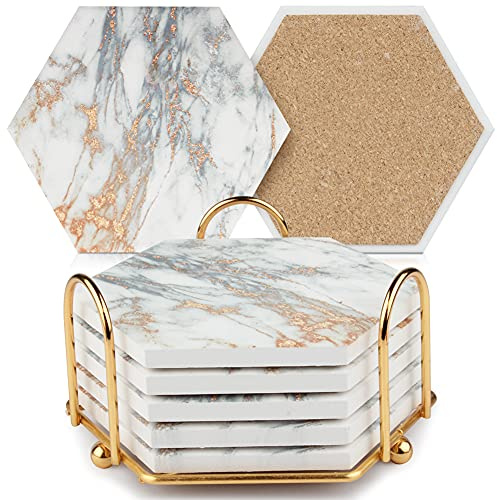 Marble Coasters for Drinks Absorbent with Cork Base, 6pcs Drink Coasters for Wooden Table with Metal Holder, Gold Ceramic Cup Coaster Set Rustic Home Decor for Living Room Bar (White, 6pc)