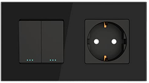 PULSAR Wechselschalter Doppelt mit Steckdose Schwarz Glas, Kombination 2-Fach mit Glasrahmen, Lichtschalter und Wandsteckdose Unterputz 16A 157 x 86mm