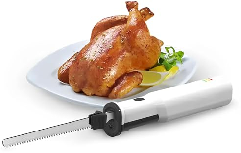 PEIXEN Coltello Elettrico per Carne, Coltello per affettare Carne a Batteria, Coltello per Pane con 2 Lame Seghettate in Acciaio Inossidabile da 8 e Rilascio del Grilletto con Blocco di Sicurezza
