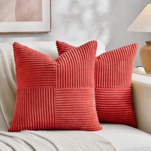FDTERN 2er Set Rot Kordsamt Kissenbezug 40x40 Weich Dekorative Kissenbezüge Kissenhülle Dekokissenbezug Sofakissen Dekokissen Boho Deko für Sofa Schlafzimmer Wohnzimmer