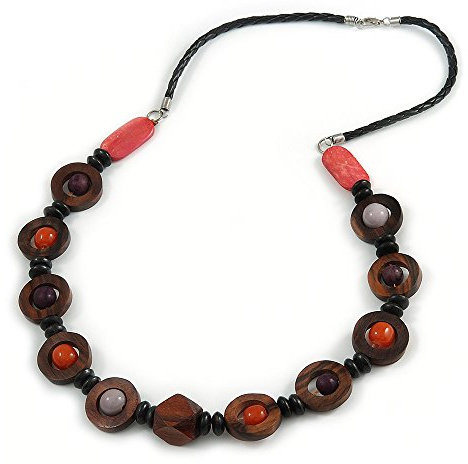Avalaya Handmade Wood and Ceramic Bead Necklace with Black Faux Leather Cord - 80cm L