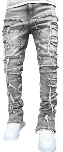 Mens Stacked Jeans Y2k Slim Fit Skinny Ripped Jeans Distressed Destroyed Denim Pants Emo Hip Hop Trousers Grey