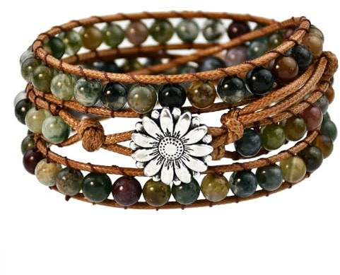 NUZUJX Boho Stone India Agate Wrap Bracelet for Women Men Natural Crystal Beaded Wrap Bracelet Adjustable Bohemian Handmade Bracelet Jewelry Gifts