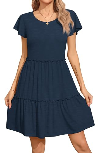 Missufe dam sommar fritidsklänningar babydoll fladdrande ärmar rund hals graderad strandklänning A-linjer swing klänning, Marinblå, XL