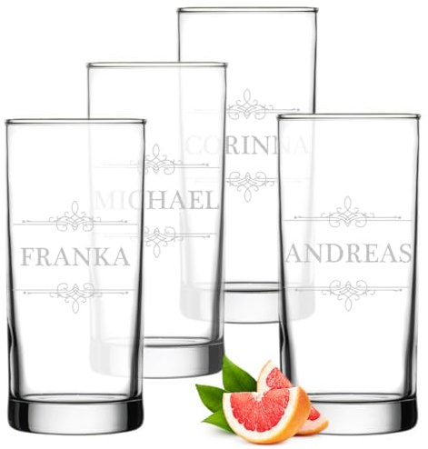 polar-effekt Lot de 4 verres à long drink - 485 ml - Avec gravure personnalisée - Cadeau d'anniversaire - Verres pour boissons, whisky, eau et cocktails