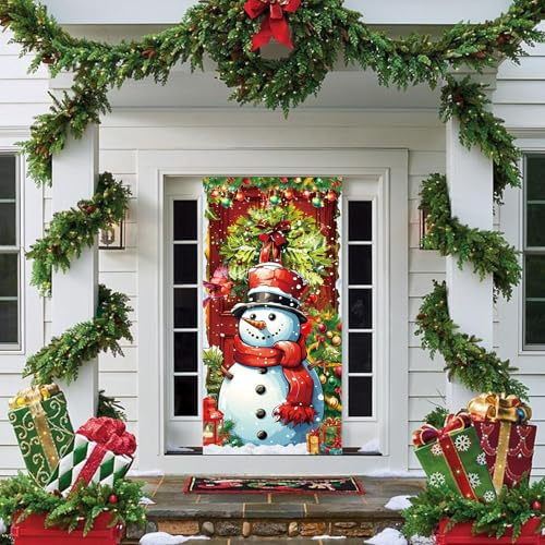OMJMYY Weihnachten Tür Abdeckung Dekoration 200 x 90cm Weihnachtsdeko Tür mit Klettverschluss Türbanner Weihnachten Schneemann für Weihnachtsdekoration Neujahr Party Winter Outdoor