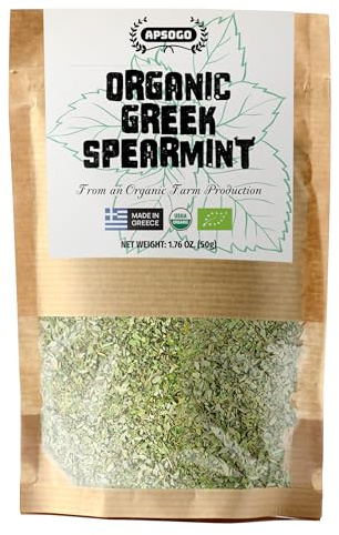 Apsogo Organic Greek Spearmint - Dried Spearmint Leaves for Spearmint Tea Loose Leaf, Herbal Tea & Cooking - Organic Spearmint, Mint Leaves, Naturally Sweet Aroma, Caffeine-Free Mentha Spicata - Resealable Pouch, 1.76 oz
