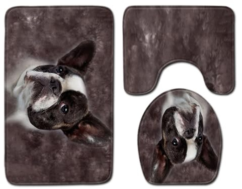 Badezimmerteppich Retro Brauner Hund WC Vorleger mit Ausschnitt WC Deckelbezug 3 Teiliges WC Teppich rutschfeste Badgarnitur U förmiger Badematte Waschbar Bad Teppiche Set 50x80 cm