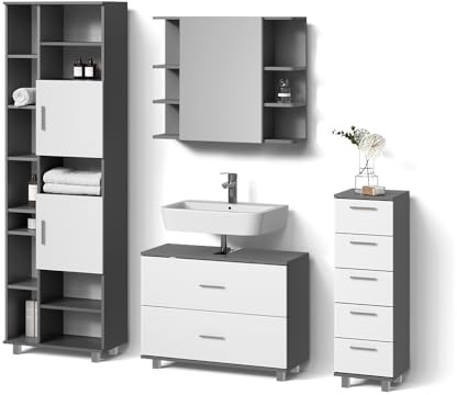 Livinity Badmöbel-Set Eisak Weiß/Anthrazit | 4 Teile, mit Hochschrank