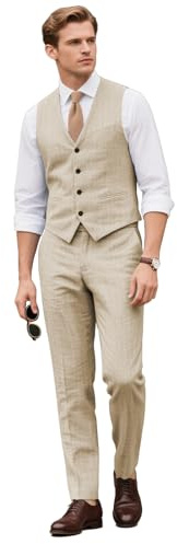 Botong Ensemble Costume en Lin Décontracté pour Homme - 2 Pièces : Veste et Pantalon - Coupe Ajustée - Costume de Mariage pour Garçon d’Honneur, beige, 58