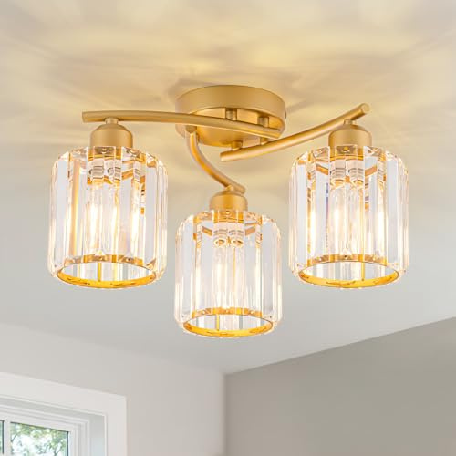 Deckenleuchte Kristall, 3 FlammigDeckenlampe mit Glas Lampenschirm, Gold | WILON E27 Deckenlampe, Moderne Lampen Glas für Schlafzimmer, Küche, Flur, Badezimmer [Energieklasse E]