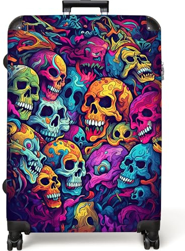 NoBoringSuitcases© Koffer XL Groß Reisekoffer mit Rollen Leicht Trolley | 77x51.5x28 cm - großer Hartschalenkoffer Rollkoffer L Größe Totenköpfe - Totenköpfe - Neon