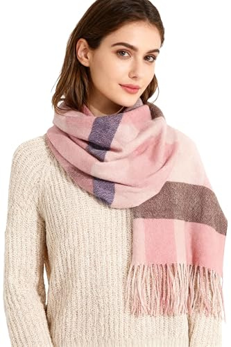 Leisofter Sciarpa da donna elegante cashmere pashmina sciarpa per autunno inverno sciarpa lunga calda 200 x 70 cm, Lattice-Pink, Taglia unica