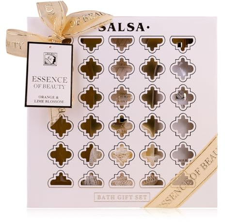 Accentra Set de ducha SALSA ESSENCE OF BEAUTY para mujeres, gel, loción, exfoliante, esponja, aroma Naranja y Flor de Limón, caja de regalo, idea de lujo para damas