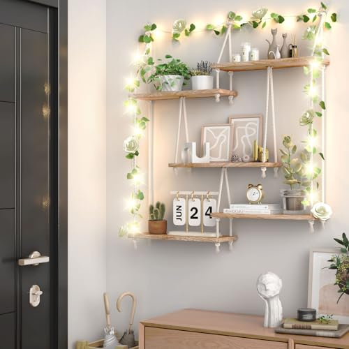 FKSLIFE 5-stufiges Wandregal Holz für Pflanzen,Makramee Wandbehang Regal Wand für die Wand,Boho Deko Schweberegal Handgewebte Treibholz Hängeregal Für Wohnzimmer Schlafzimmer Badezimmer
