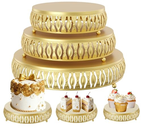 3-Piece Cake Stand Set, Round Metal Cake Stands, 8/10/12 Inch Dessert Cupcake Pastry Candy Display Plate, for Wedding, Event, Birthday Party,Event, Anniversary, Table Decoration (Gold)